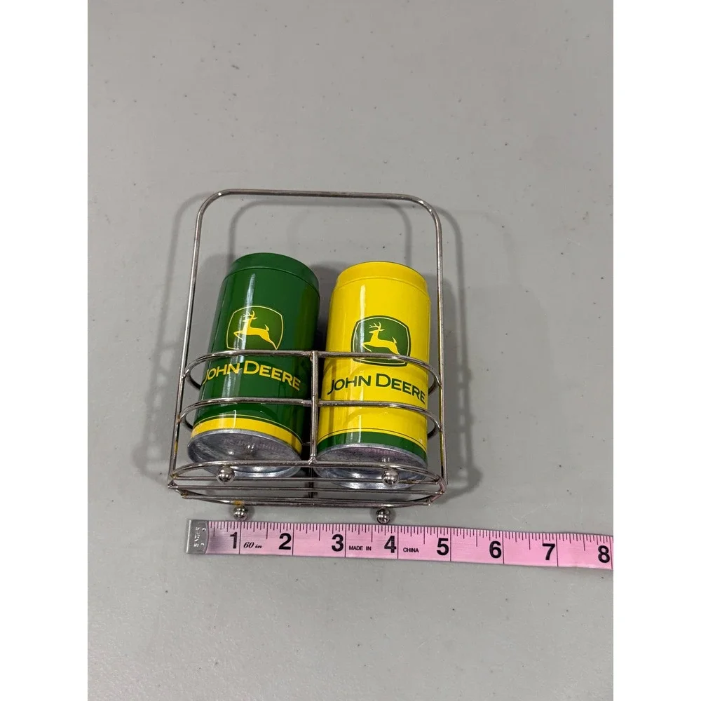John Deere Salt and Pepper Shaker Set with Metal Wire Caddy Green Yellow Tin